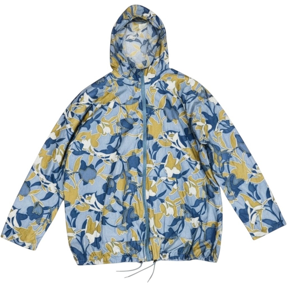 LOGO Lori Goldstein Floral Windbreaker Jacket Blue Yellow Hooded Zip Up Large